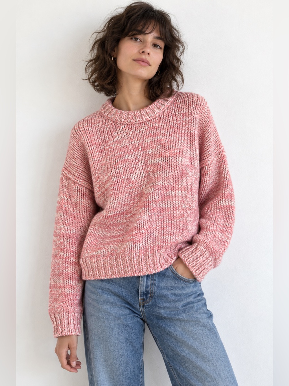 ASOS DESIGN Pink & Cream Marled Chunky Knit Crew Neck Sweater – size large